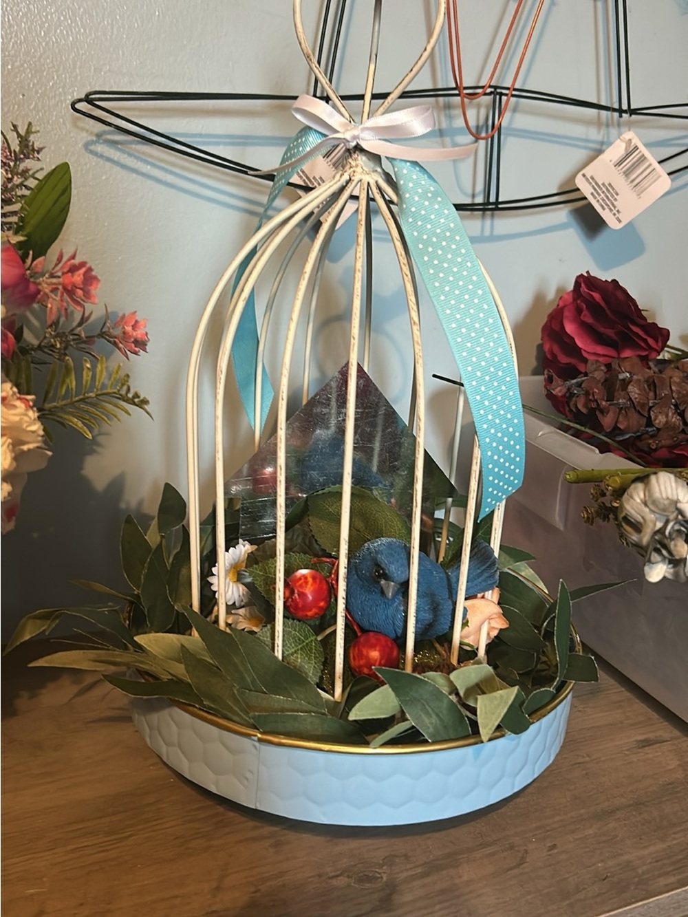 Hand Crafted Blue and White Decorative Birdcage Centerpiece